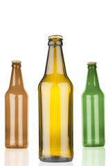 Empty beer bottles on white background
