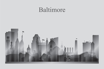 Baltimore city skyline silhouette in grayscale