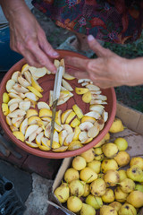 An elderly woman sits and cleans, cuts with a knife, holds ripe juicy pears in her hands. Grandmother dries pieces of pear in the summer. Dried fruit.