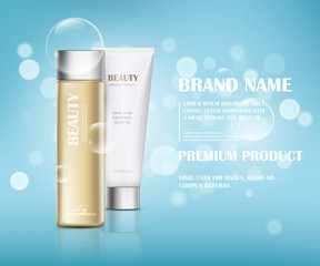 A beautiful cosmetic templates for ads, realistic 3d white tube and brown bottle on a light blue background with water bubbles. Beauty design for premium product