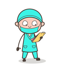 Cartoon Surgeon Reading Medical-Report Vector Illustration