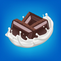 Milk splash with chopped chocolate 3d vector background illustration