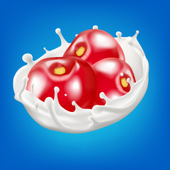 Milk splash with cherry 3d vector background illustration