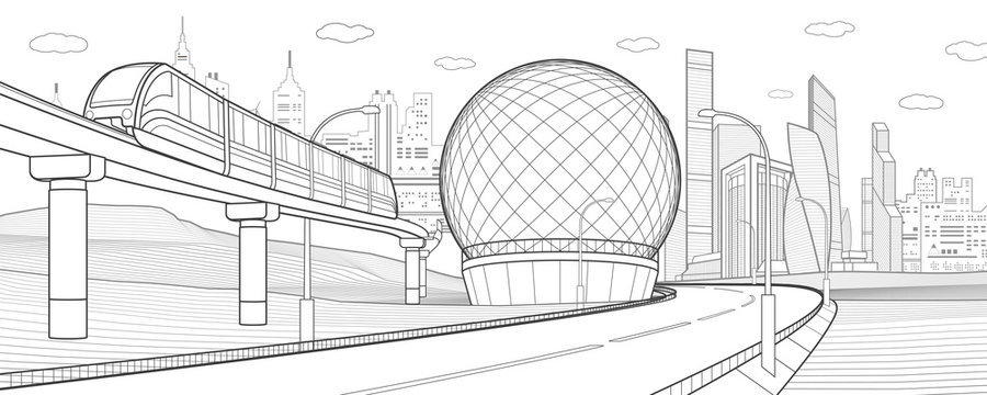 City infrastructure and transport illustration. Monorail railway. Train move over bridge. Spherical building. Modern city. Towers and skyscrapers. Black lines on white background. Vector design art