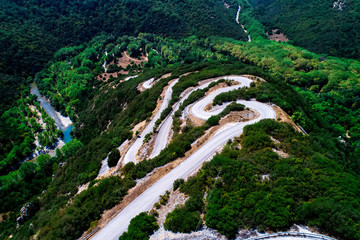 Aerial view of the provincial with many zigzag road in the Epirus Zagorohoria, Greece