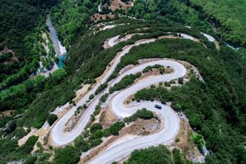 Aerial view of the provincial with many zigzag road in the Epirus Zagorohoria, Greece
