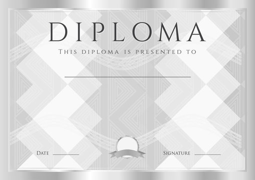 Diploma, Certificate of completion (design template) with frame and abstract silver pattern