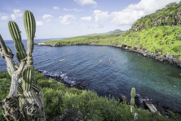 Bay with cactus in front at San Cristobal, Galapagos islands