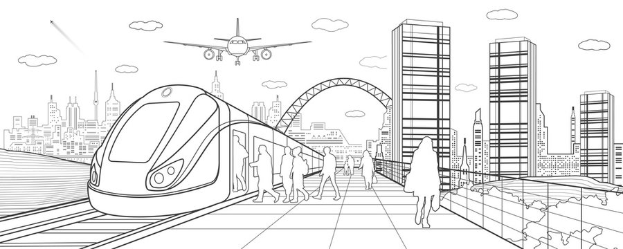 City and transport illustration. Passengers get on train, people at station. Airplane fly. Modern town on background, towers and skyscrapers. Black lines. Vector design art