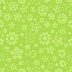 Seamless pattern with cute flowers in green monochrome colors on green background.