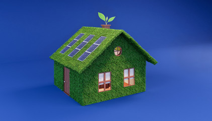 Green eco house on blue background 3D Rendering