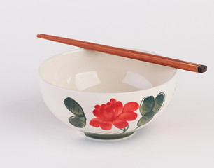 Hand painted ceramic soup bowl with wooden chopsticks