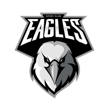 Furious eagle head athletic club vector logo concept isolated on white background. 
Modern sport team mascot badge design. Premium quality bird emblem t-shirt tee print illustration.