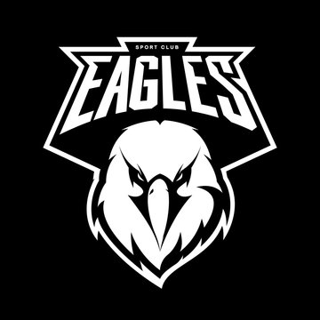 Furious eagle head athletic club vector logo concept isolated on black background. 
Modern sport team mascot badge design. Premium quality bird emblem t-shirt tee print illustration.