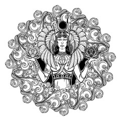 Zodiac sign Libra. Egyptian goddess Isis balancing in hands black and white lotus as a symbol of equilibrium. Decorative frame of clouds. Vintage art nouveau style concept art for horoscope or tattoo