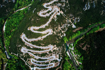 Aerial view of the provincial with many zigzag road in the Epirus Zagorohoria, Greece
