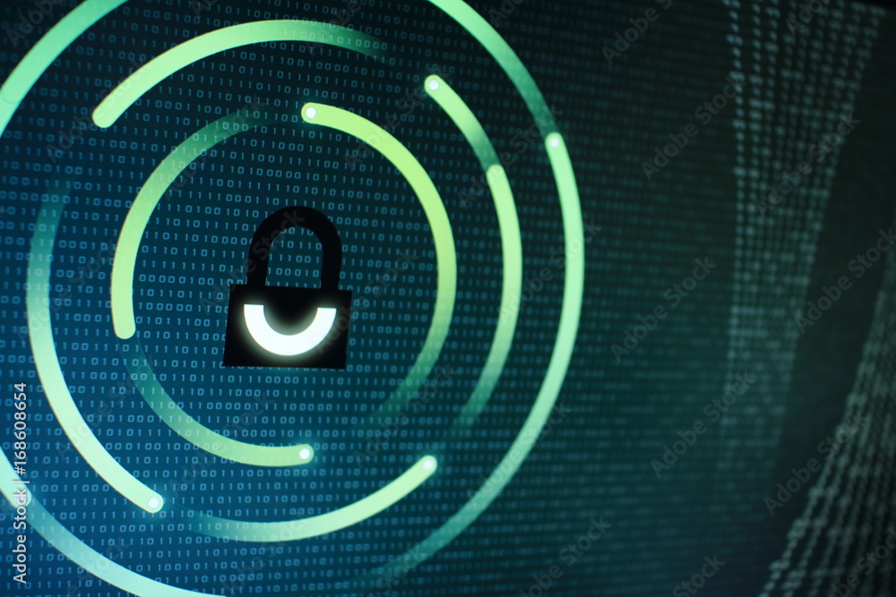 Poster photo of computer screen display with black graphic lock symbol. binary numbers background. computer