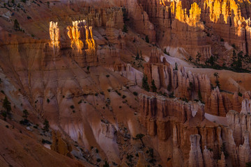 Bright red formations in Bryce Canyon,Utah, under warm evening light