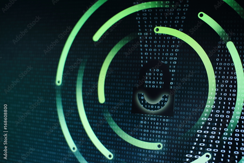 Poster photo of computer screen display with black graphic lock symbol. binary numbers background. computer