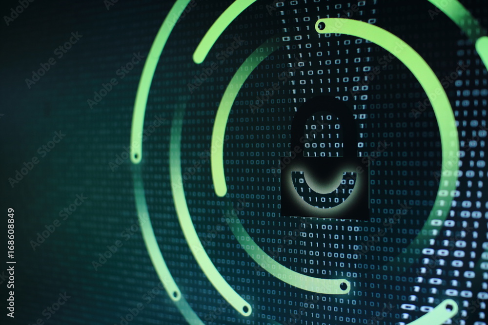 Poster photo of computer screen display with black graphic lock symbol. binary numbers background. computer