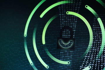 photo of computer screen display with black graphic lock symbol. binary numbers background. computer data protection. Internet Business Cyber security system concept