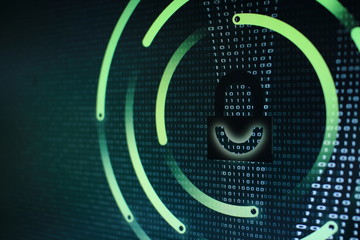 photo of computer screen display with black graphic lock symbol. binary numbers background. computer data protection. Internet Business Cyber security system concept