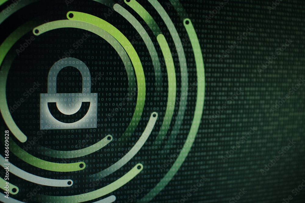 Poster photo of computer screen display with white graphic symbol of a lock. binary numbers background. com