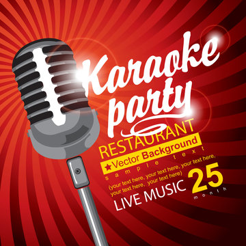 Vector banner for restaurant with a microphone, calligraphic inscription Karaoke party and place for text on red abstract background