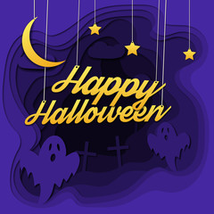 Naklejka premium Happy halloween 3d abstract paper cut illlustration of cemetery, moon, ghosts.