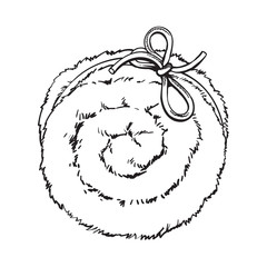 Top view of rolled up fluffy green towel, spa salon accessory, black and white outline vector illustration on background. Realistic hand drawing of towel roll, spa salon accessory