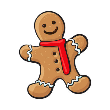 Glazed gingerman-shaped homemade Christmas gingerbread cookie, sketch style vector illustration isolated on white background. Christmas glazed gingerbread cookie in shape of smiling gingerman