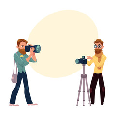 Set of photographers at work and professional equipment, cartoon vector illustration with space for text.