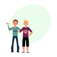 Fototapeta na wymiar Male friendship - two boys, men, friends hugging each others, waving, cartoon vector illustration with space for text. Front view portrait of boys, men, friends standing, hugging each other