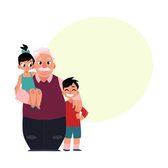 Family portrait, grandfather, grandpa standing with grandchildren, happy and smiling, cartoon vector illustration with space for text. Grandfather, grandpa with grandchildren, happy family concept