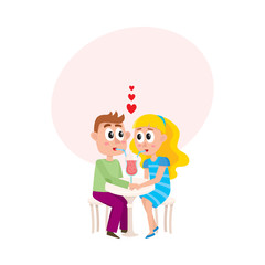 Loving couple, boy and girl sharing cocktail, looking at each other, cartoon vector illustration with bubble speech. Loving couple dating in cafe, drinking cocktail, holding hands