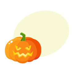 Laughing, grinning pumpkin jack-o-lantern with vampire teeth, Halloween symbol, cartoon vector illustration with space for text. Pumpkin lantern with grinning face, Halloween decoration