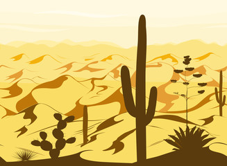 Seamless pattern with desert landscape and cacti silhouettes in vector