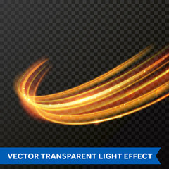 Obraz premium Light effect gold line swirl. Vector glowing light fire flare trace or magic glitter sparkle swirl trail effect on transparent background. Bokeh light glitter round wave line with sparkling particles