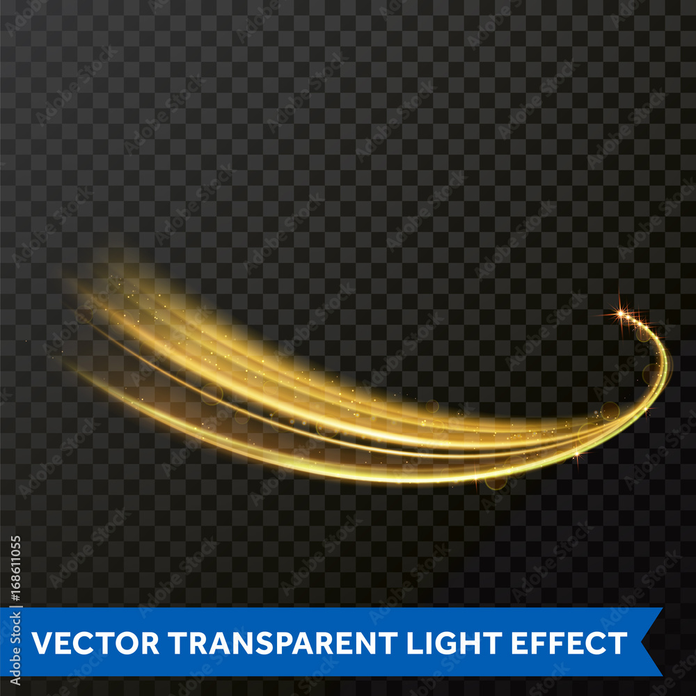 Poster Light line gold swirl effect. Magic sparkle swirl trail effect on transparent background. Bokeh light glitter round wave line with sparkling particles. Vector glitter light fire flare trace