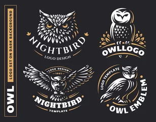 Wall murals Owl Cartoons Owl logo set- vector illustrations. Emblem design on black background
