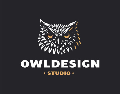 Owl head logo- vector illustration. Emblem design on black background