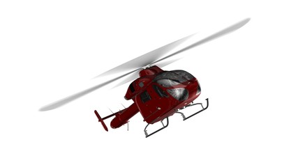 red civilian helicopter in flight isolated on white background