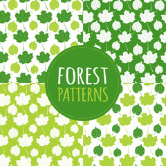 Set of green forest patterns vector seamless. Tree leaves background. Nature autumn print for seasonal banner, kids wallpaper, eco natural product package, wrapping paper or holiday card template.