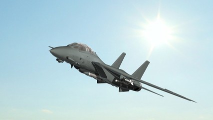 Fototapeta na wymiar armed military fighter jet in flight on the sky background 