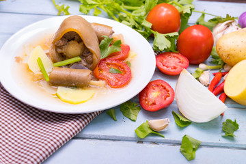 Oxtail soup in white dish on blue  table, Delicious halal food