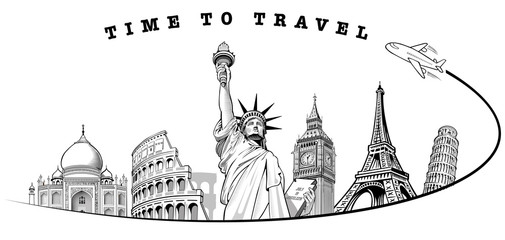 travel to Big Ben London, Eiffel tower Paris, Roma Colloseum, Pisa, Statue of liberty NYC, Taj Mahal,