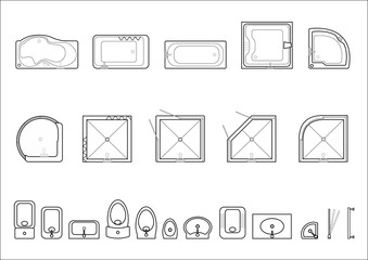 Set of icons for architectural plans. Plumbing from baths, sinks and toilets, showers. Vector graphics
