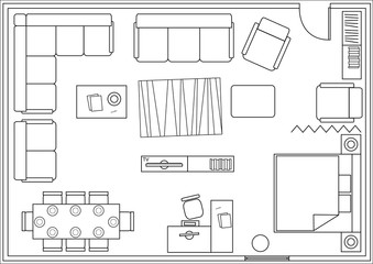 Set of icons for architectural plans. Drawing furniture living room, bedroom, dining room. Vector graphics