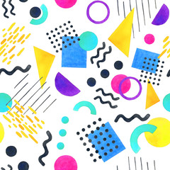 Memphis seamless pattern of geometric shapes 80's-90's styles on white background