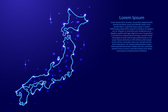 Map Japan from the contours network blue, luminous space stars of vector illustration